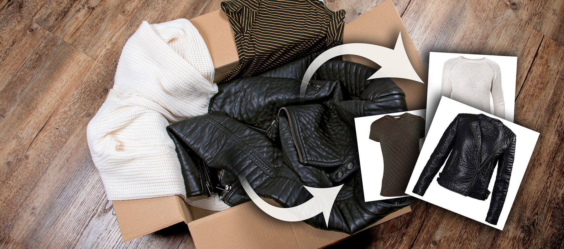 Editorial-Aufnahme einer Kleidungsbox mit Freisteller-Collage