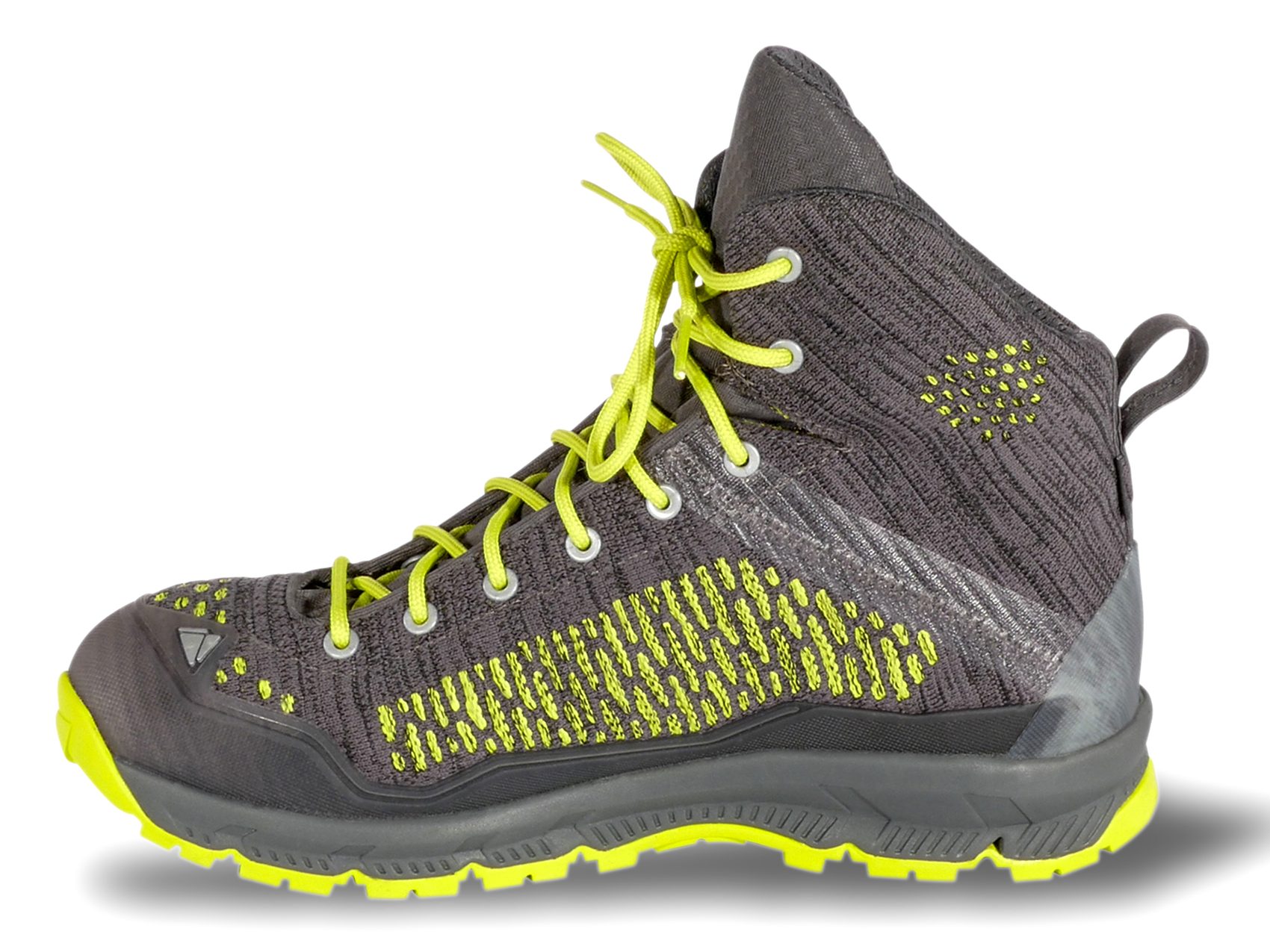 Wanderstiefel in Grau-Neongelb, freigestellte Studioaufnahme