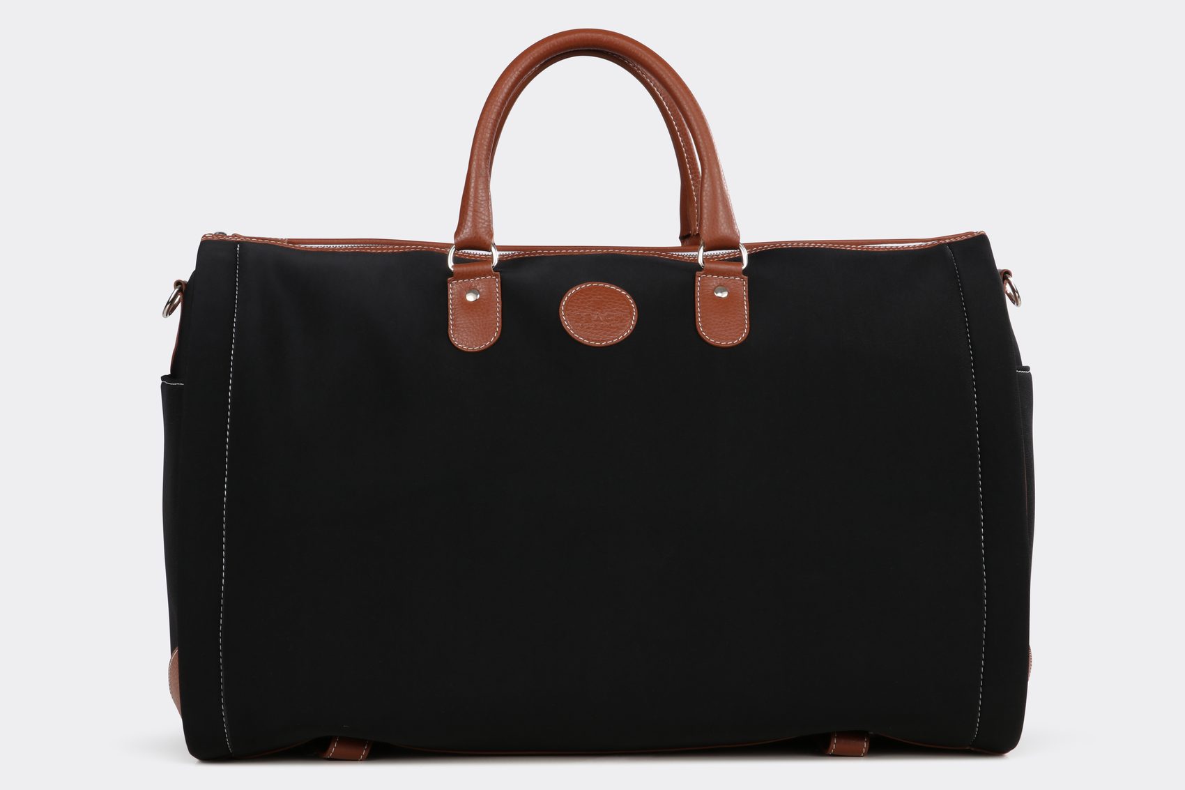 Schwarze Weekender-Tasche mit cognacfarbenen Ledergriffen