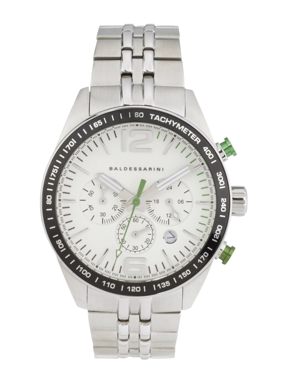 Baldessarini-Chronograph mit weißem Zifferblatt und grünen Drückern, Frontalansicht