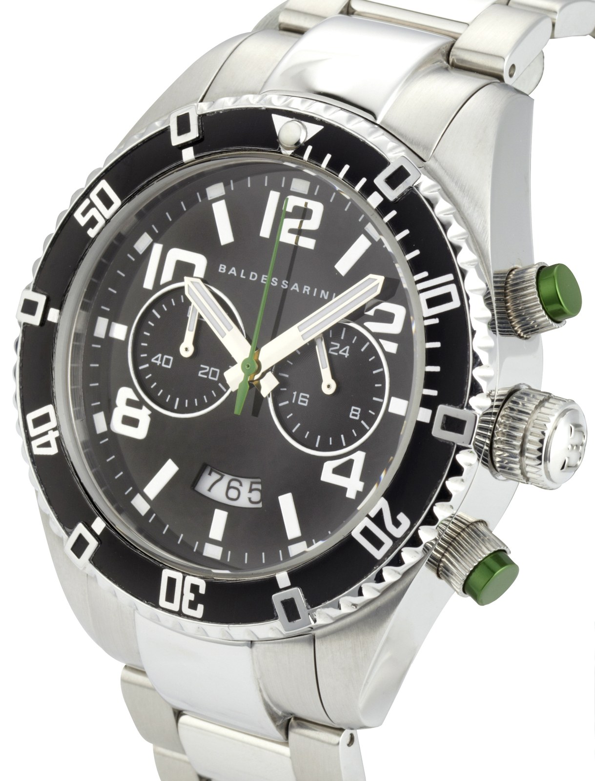 Baldessarini-Diver-Uhr in Schwarz mit grünen Drückern, Nahaufnahme
